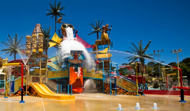 A man made waterfall at Adventure World in Western Australia.