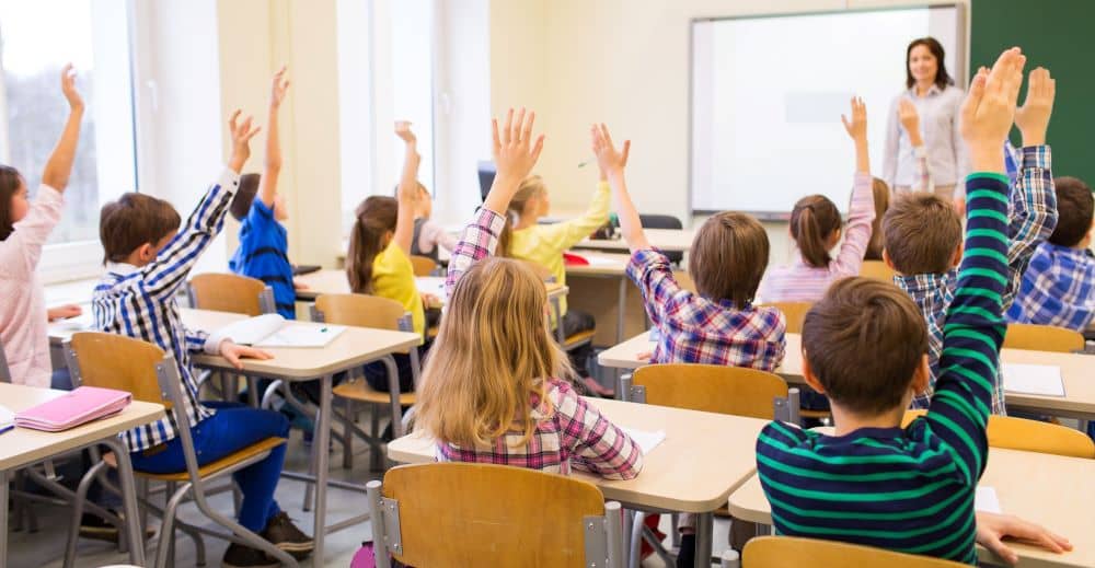 Students raising their hands in class.